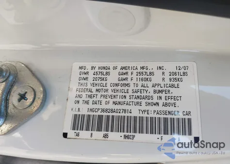 2008 Honda Accord 3.5 Ex-L из США, поврежденный, VIN 1HGCP36828A027814